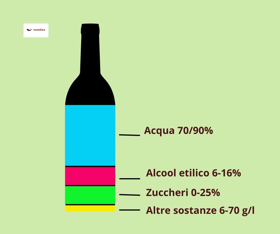 Composizione del vino. Acqua 70-90%, alcool etilico 6-10%, zuccheri 0-25% e altre sostanze per il rimanente, 6-70g/l